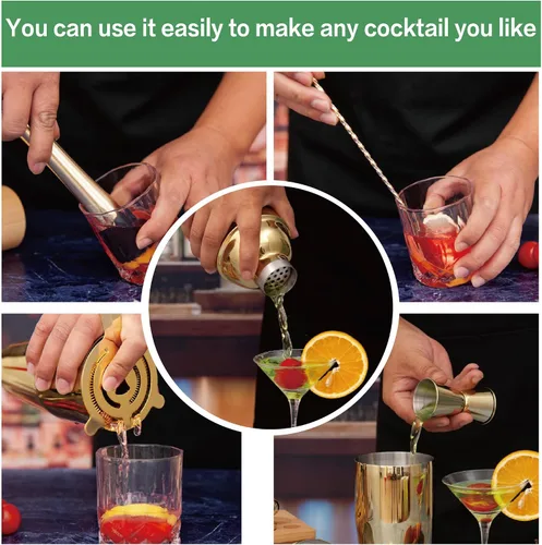 Miniatura 5 de Juego de coctelera de barman, juego de 5 piezas de barra de acero inoxidable para barman profesional y hogar (dorado, 5 piezas)