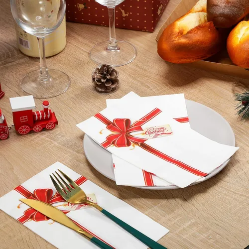 Miniatura 4 de 100 Piezas Servilletas de Papel de Navidad Caja de Regalo con Lazo 4.33 x 7.87 Pulgadas Toallas de Invitados de Navidad Desechables con Nudo de Lazo