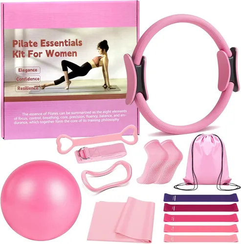 Juego de anillos de pilates de 13 piezas, kit de pilates para mujer, accesorios de equipo de ejercicio, deformación, círculo mágico con asas Rosa