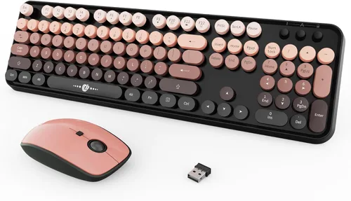 Miniatura 24 de FOPETT V2020 Combo de teclado y mouse inalámbricos, bonito teclado inalámbrico con llave roja redonda estilo retro, conectividad CapSecure de 2.4