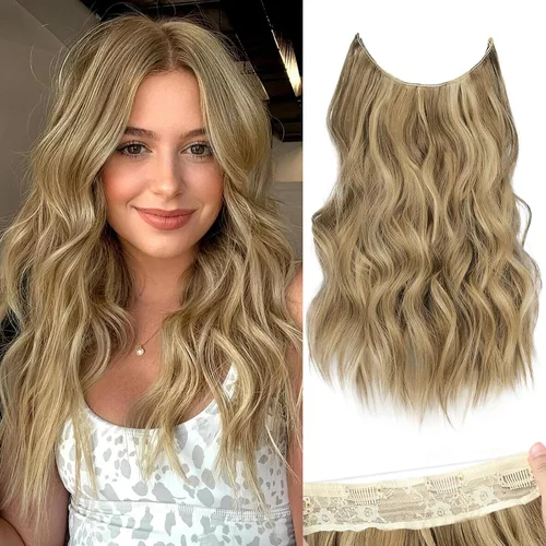 Miniatura 96 de KooKaStyle - Extensiones de cabello con hilo invisible, diadema transparente, ajustables, 4 clips fijadores, cabello largo y ondulado de 12