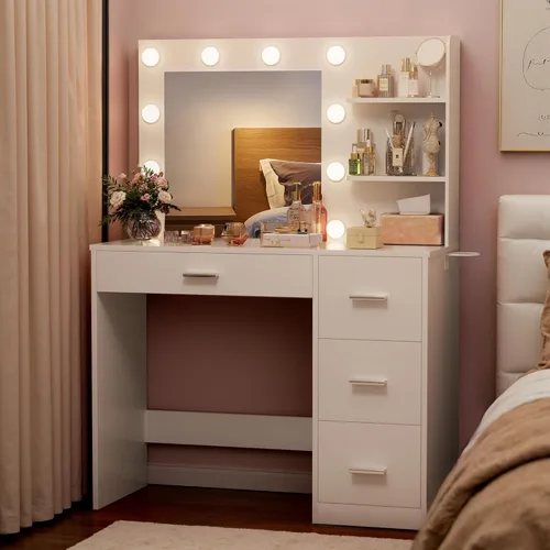 Miniatura 2 de Furmax Escritorio de tocador con espejo iluminado LED y toma de corriente, mesa de tocador de maquillaje con 4 cajones, 3 estantes de almacenamiento