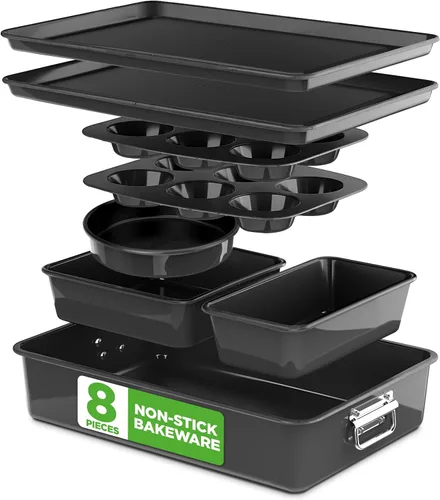NutriChef Juego de 8 utensilios antiadherentes apilables para hornear, juego de moldes de acero de alta calidad, incluye molde redondo para Negro