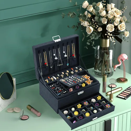 Miniatura 4 de Joyeros para mujer, organizador de joyas de terciopelo negro con cerradura, organizadores de joyas para adolescentes, organizador de joyas