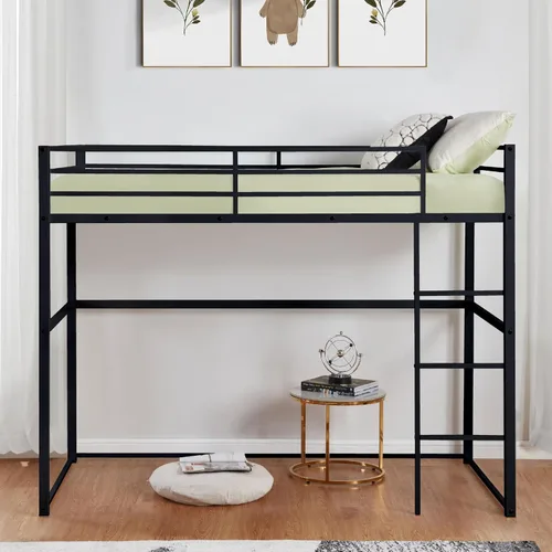 Miniatura 6 de Cama alta de metal tamaño matrimonial con barandillas de seguridad y escalera para adultos, niños, adolescentes, diseño duradero, ahorro de espacio
