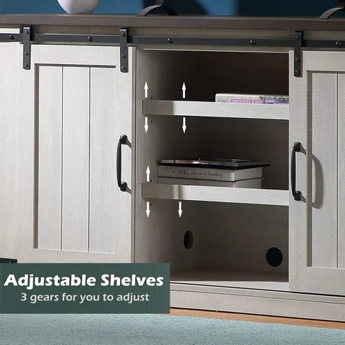 Miniatura 5 de Soporte de TV de madera moderno de granja blanco y gris para TV de 65 pulgadas, consola de TV rústica, mesa central de entretenimiento multimedia