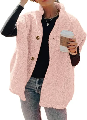 Miniatura 16 de Hongqizo - Chaleco de forro polar mullido para mujer, casual, de gran tamaño, cálido, con botones, chaqueta de sherpa con bolsillos