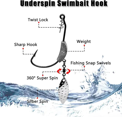 Miniatura 3 de Ganchos de natación con peso, 6 anzuelos Underspin Swimbait con Twistlock, ganchos de manivela con peso con cuchillas giratorias doradas/plateadas