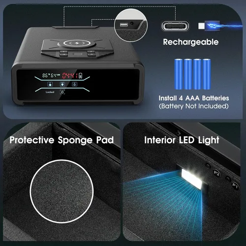 Miniatura 5 de Caja fuerte para pistola de pistola, biométrica de acceso rápido con carga inalámbrica para reloj y teléfono, teclado de huellas dactilares 3 en 1