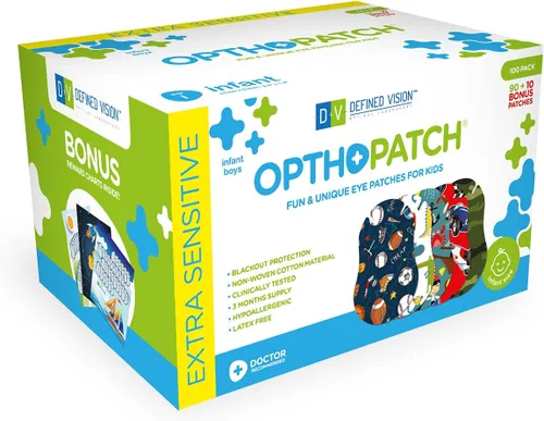 Opthopatch Parches oculares para bebés – Adhesivo extra sensible – Diseño para niños [Serie I] – 100 unidades + 3 gráficos de recompensa