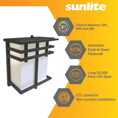 Miniatura 4 de Sunlite 88686 LED Mission Style - Accesorio para exteriores, 12 vatios (75 W = ), 800 lúmenes, fotocélula incorporada, acabado negro, lente blanca