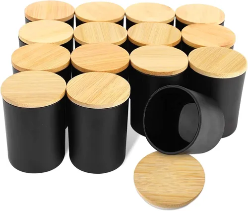 SUPMIND Paquete de 15 tarros de vidrio para velas - 7 fl.oz Tarros de vela vacías de color negro mate con tapas de bambú y etiquetas adhesivas,