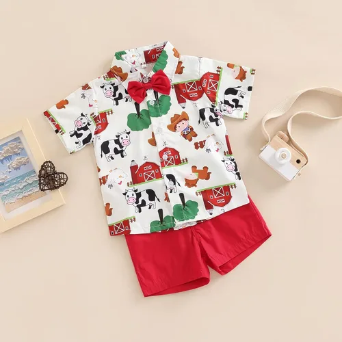 Miniatura 3 de Chloefairy Conjunto de 2 piezas de ropa de verano con estampado de vaca de manga corta con botones y pantalones cortos