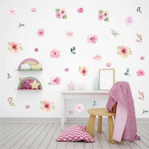 Miniatura 5 de AOWDIAO 60 calcomanías de pared de flores para despegar y pegar, vinilo de acuarela, peonía floral y hojas, calcomanías de pared de flores pastel