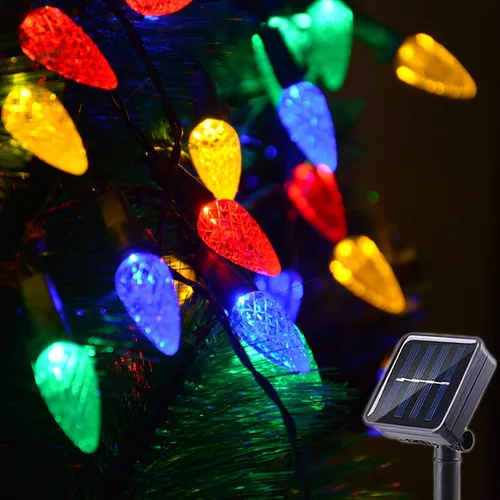 Miniatura 8 de Luces solares de Navidad para exteriores, cadena de luces C6 de fresa, luces de Mardi Gras, 100 LED, 8 modos, impermeable, uso al aire libre