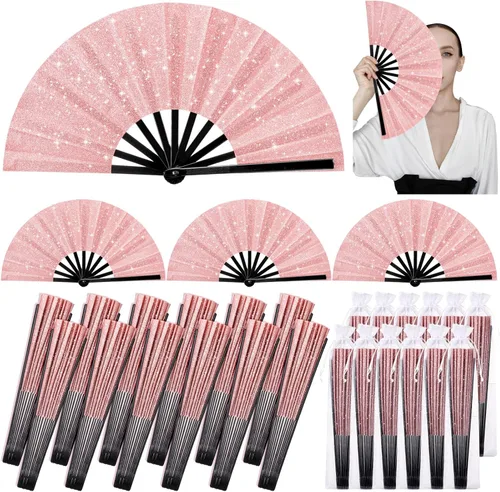 Miniatura 10 de Vercraft 24 abanicos de mano plegables grandes con purpurina para baile de línea, fanáticos de baile con bolsa, aplaudiendo, raves, fanáticos a Rosa