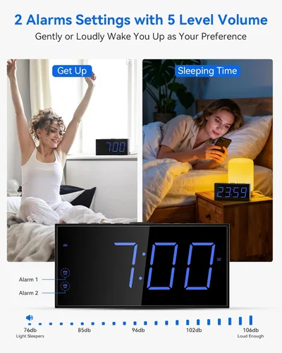 Miniatura 3 de Reloj despertador digital, reloj de alarma dual ruidoso para dormitorio, pantalla grande electrónica de 7.5 pulgadas con atenuador, cargador USB
