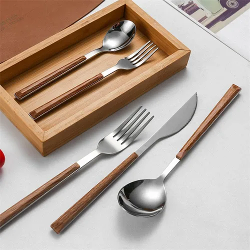 Miniatura 5 de Juego de cubiertos de madera para 6 cubiertos de acero inoxidable, mango de grano de madera, juego de cubiertos de 30 piezas, incluye cuchillos