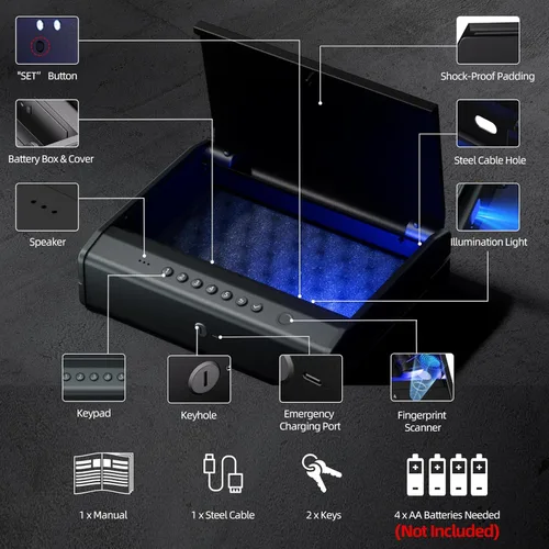 Miniatura 8 de PINEWORLD Caja fuerte biométrica para pistola, caja fuerte para pistola con huella dactilar/teclado retroiluminado/llaves, caja fuerte de acceso