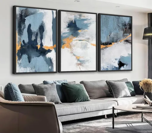 Arte de pared abstracto enmarcado grande - Cuadros de lienzo enmarcados naturales para sala de estar, impresiones modernas en lienzo gris azul para