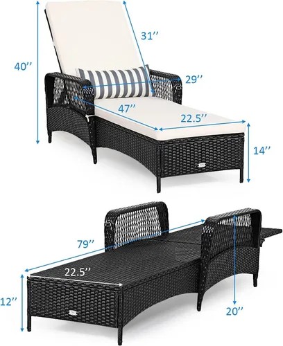 Miniatura 3 de HAPPYGRILL Tumbona de patio al aire libre de mimbre reclinable con cojín grueso, almohada lumbar, respaldo ajustable para jardín, porche, césped