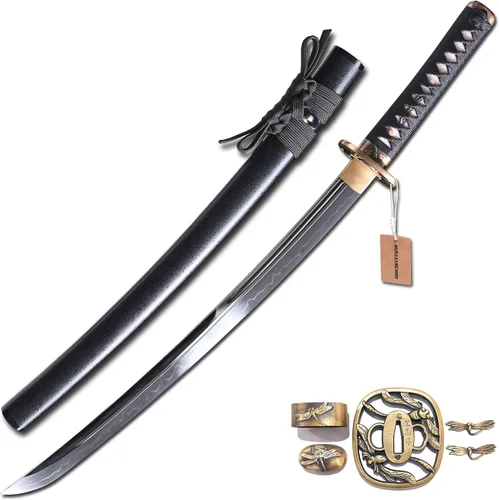 Miniatura 9 de MURASAME Wakizashi Sword T10 - Arcilla de acero templada real Hamon Full Tang muy afilada