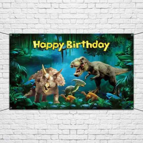 Renaiss Cartel de feliz cumpleaños de 6 x 3.6 pies, decoración de fiesta de dinosaurios, jurásico, cretácico, selva, loca, aventura, fondo de