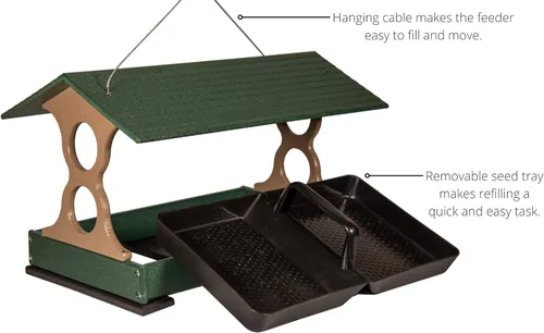 Miniatura 3 de JCs Wildlife Comedero Grande para Pájaros Verde y Marrón de Paso Libre con Bandeja Extraíble para Semillas con Orificios de Drenaje - Capacidad