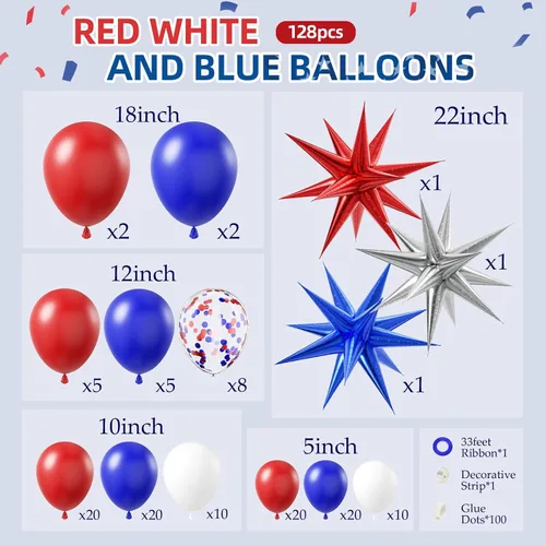 Miniatura 2 de Kit de arco de guirnalda de globos rojos, blancos y azules, 5, 10, 12, 18 pulgadas, globos de látex de confeti rojo, blanco y azul