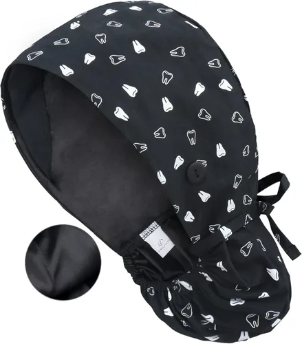 Miniatura 35 de QBA Gorra de trabajo ajustable con botón, gorro forrado de satén, gorro de trabajo de algodón, banda elástica para atar en la espalda, unisex Pt
