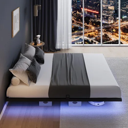 Miniatura 7 de Novilla Marco de Cama Flotante con Luces LED, Marco de Cama Plataforma Moderna Tamaño Full con Tope Deslizante de Colchón, Fácil Ensamblaje, No