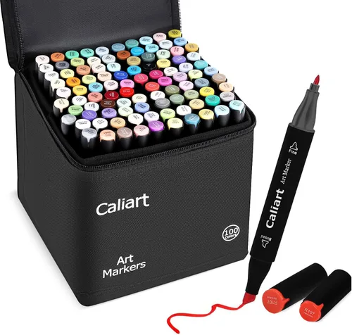 Caliart Marcadores, 100 colores, marcadores de arte de doble punta, rotuladores permanentes con base de alcohol, con estuche para artistas adultos,
