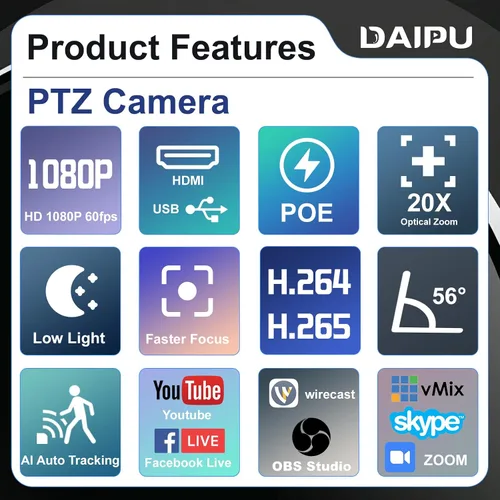 Miniatura 3 de Cámara PTZ 20X Zoom óptico 60fps HDMI USB SDI LAN PoE AI Seguimiento automático PTZ Cámara de conferencia para iglesia Transmisión en vivo