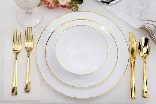 Miniatura 6 de Trendables Juego de 120 platos y cubiertos desechables con borde blanco y dorado de alta calidad, incluye tenedores, cuchillos, cucharas y cucharas