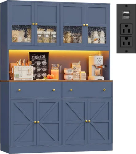 Miniatura 10 de FINETONES Armario de despensa de 71 pulgadas con luz LED y estación de carga, armario de despensa de cocina de granja con soporte para microondas