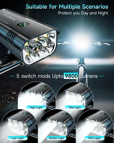 Miniatura 3 de 2026 Upgrade 6800Lumen Bike Light for Night Riding,Super Bright 6 LED Headlight,Aluminum 10 Mode Rechargeable Bicycle Light Front and Negro