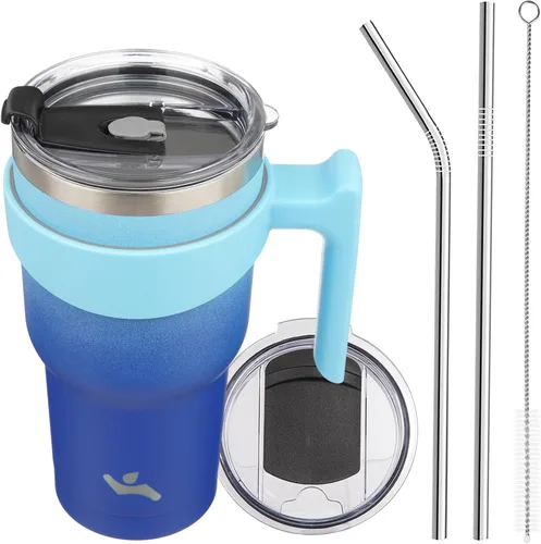 Miniatura 69 de Konokyo - Vaso de 10 onzas con asa y 2 popotes, 2 tapas, botella de agua aislada de acero inoxidable, taza de viaje reutilizable, color verde militar