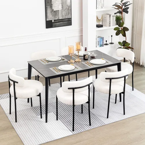 Miniatura 20 de DYHOME - Juego de 2 sillas de comedor de bouclé negro, sillas de cocina modernas de mediados de siglo con respaldo curvo y patas de metal, sillas