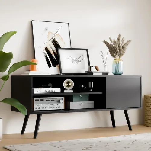 Cozy Castle Soporte de TV para TV de 48 pulgadas, centro de entretenimiento moderno de mediados de siglo con gabinete de almacenamiento, consola