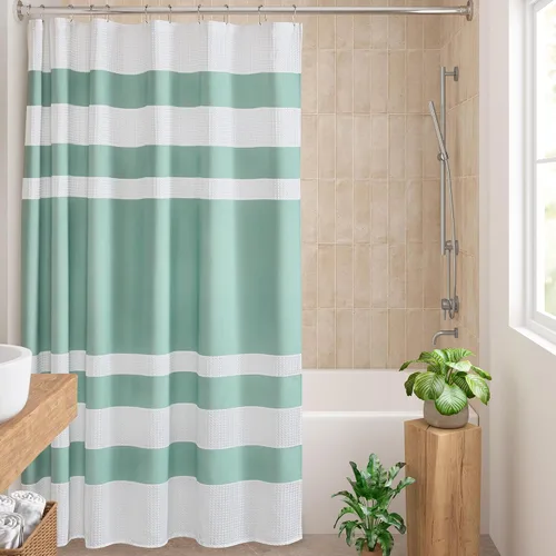 Madison Park Cortina de ducha con tejido de gofre, diseño a rayas en piezas, cortinas de ducha de tela para baño con 3M Scotchgard gestión de la