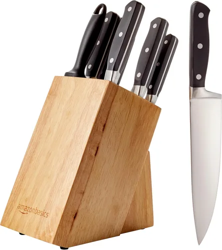 Miniatura 10 de Amazon Basics Juego de 18 piezas de cuchillos de acero inoxidable con alto contenido de carbono premium con bloque de cuchillos de madera de pino