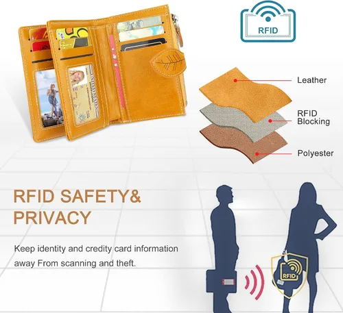 Miniatura 5 de CONISY Cartera pequeña para mujer, cartera compacta de cuero plegable con correa de muñeca con bloqueo RFID para mujer, Amarillo, Casual, clásico
