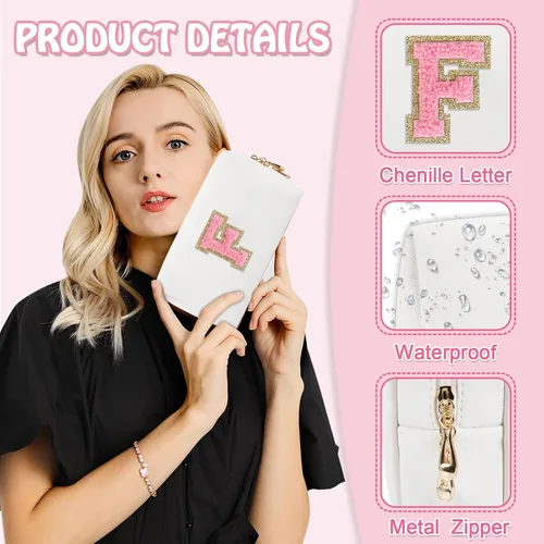 Miniatura 3 de Biileen Bolsa de Maquillaje Preppy Personalizada con Inicial Pequeña Bolsa de Viaje Linda con Letra de Chenilla, blanco-1, F