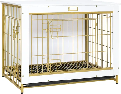 Miniatura 15 de Mueble de jaula para perros, perrera pequeña de 25.5 pulgadas para interiores, jaula de madera con bandeja extraíble, mesa auxiliar lateral que