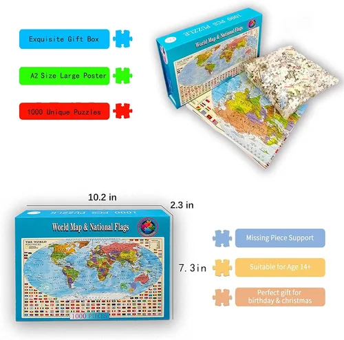 Miniatura 5 de Rompecabezas de mapa político del mundo de 1000 piezas para adultos o adolescentes con 197 países internacionales banderas del mundo rompecabezas