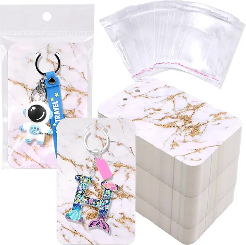 Miniatura 9 de ZYNERY 100 tarjetas de exhibición con bolsas autosellantes, soporte para llavero de 3 x 4.7 pulgadas, suministros de embalaje de joyas (rosa mármol)