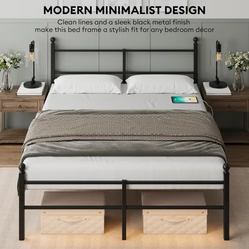 Miniatura 5 de Base de cama tamaño Queen con cabecero, plataforma de metal con luces LED, estación de carga, almacenamiento debajo de la cama y soporte de listones
