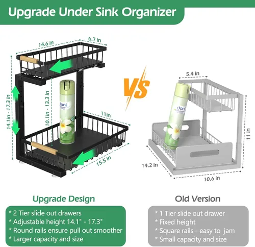 Miniatura 6 de ADRIMER Organizador para debajo del fregadero, 2 paquetes, organizador extraíble para fregadero de cocina, 2 niveles, organizador de cocina