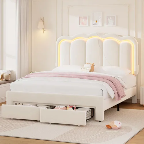 Miniatura 15 de Base de cama LED tapizada tamaño matrimonial con 2 cajones de almacenamiento y cabecera doble ondulada ajustable, cama de plataforma de terciopelo