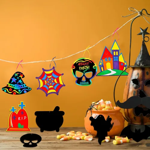 Miniatura 5 de Max Fun Paquete de 48 tarjetas de papel de arte para manualidades de Halloween, adornos mágicos de arco iris, suministros para colgar, kit